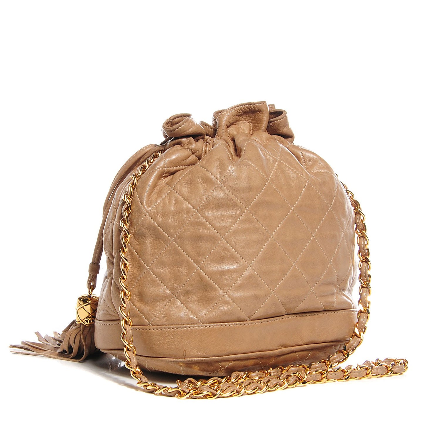 Lambskin Quilted Tassel Drawstring Pouch Beige