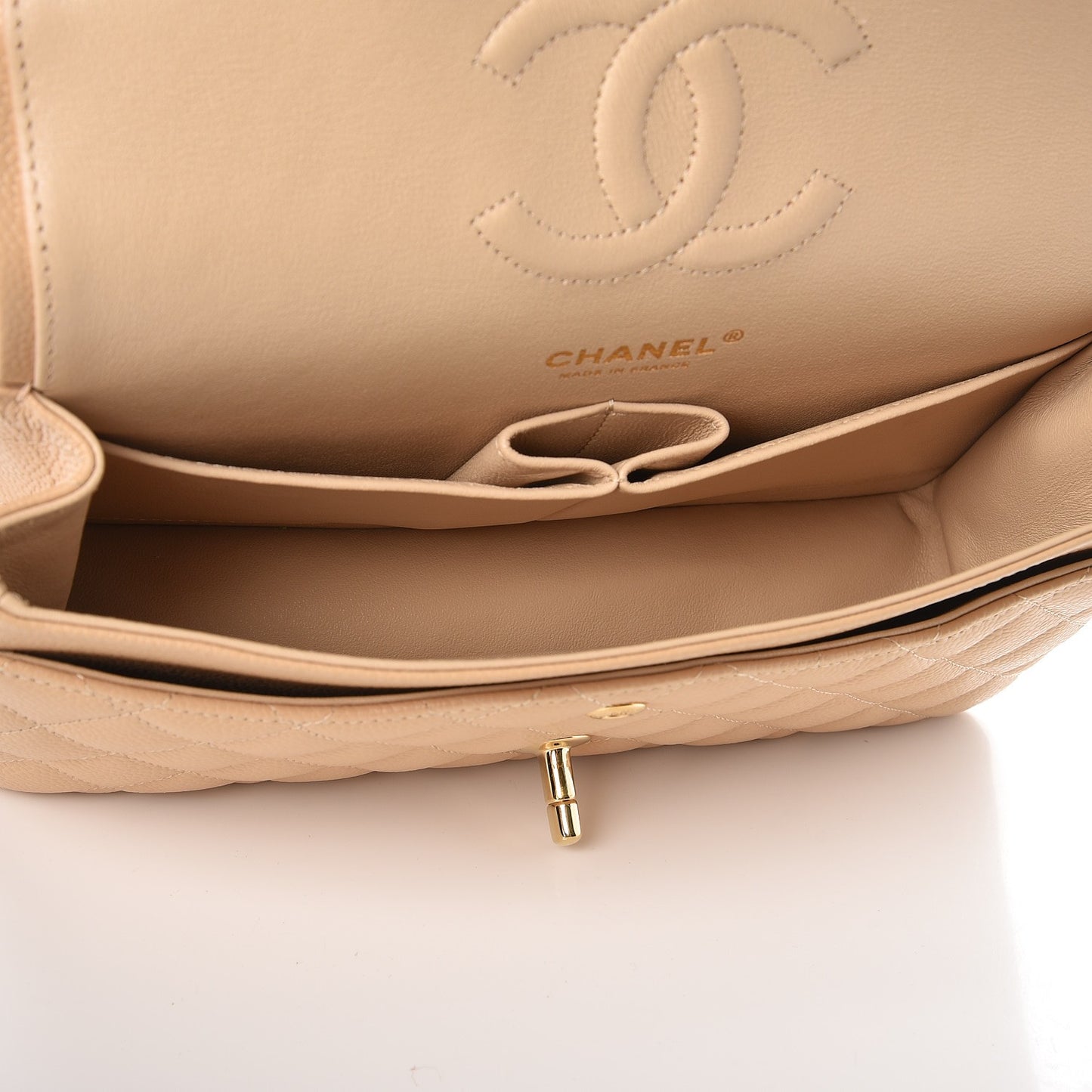 Caviar Quilted Medium Double Flap Beige Clair