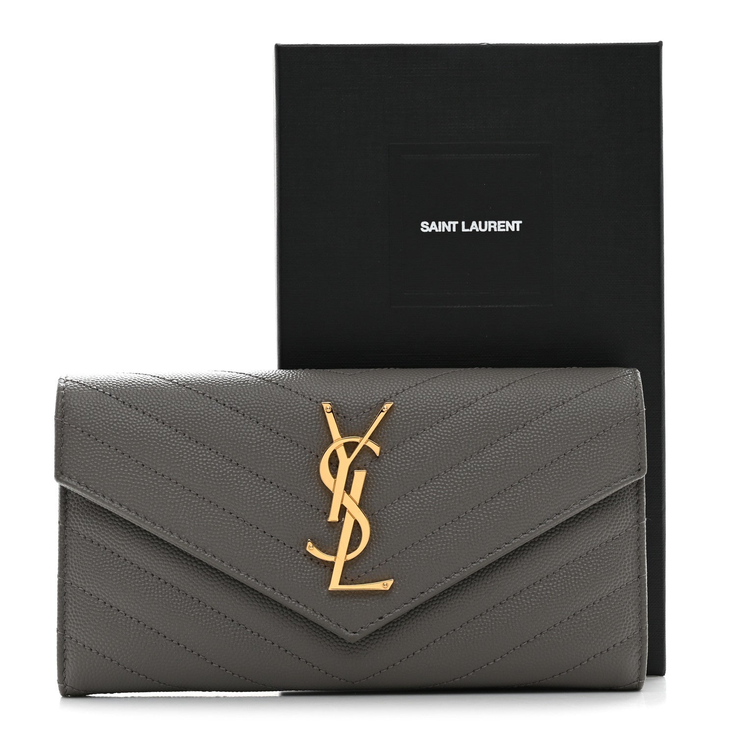 Saint Laurent Grain De Poudre Matelasse Chevron Monogram Flap Wallet Fog 9 of 9