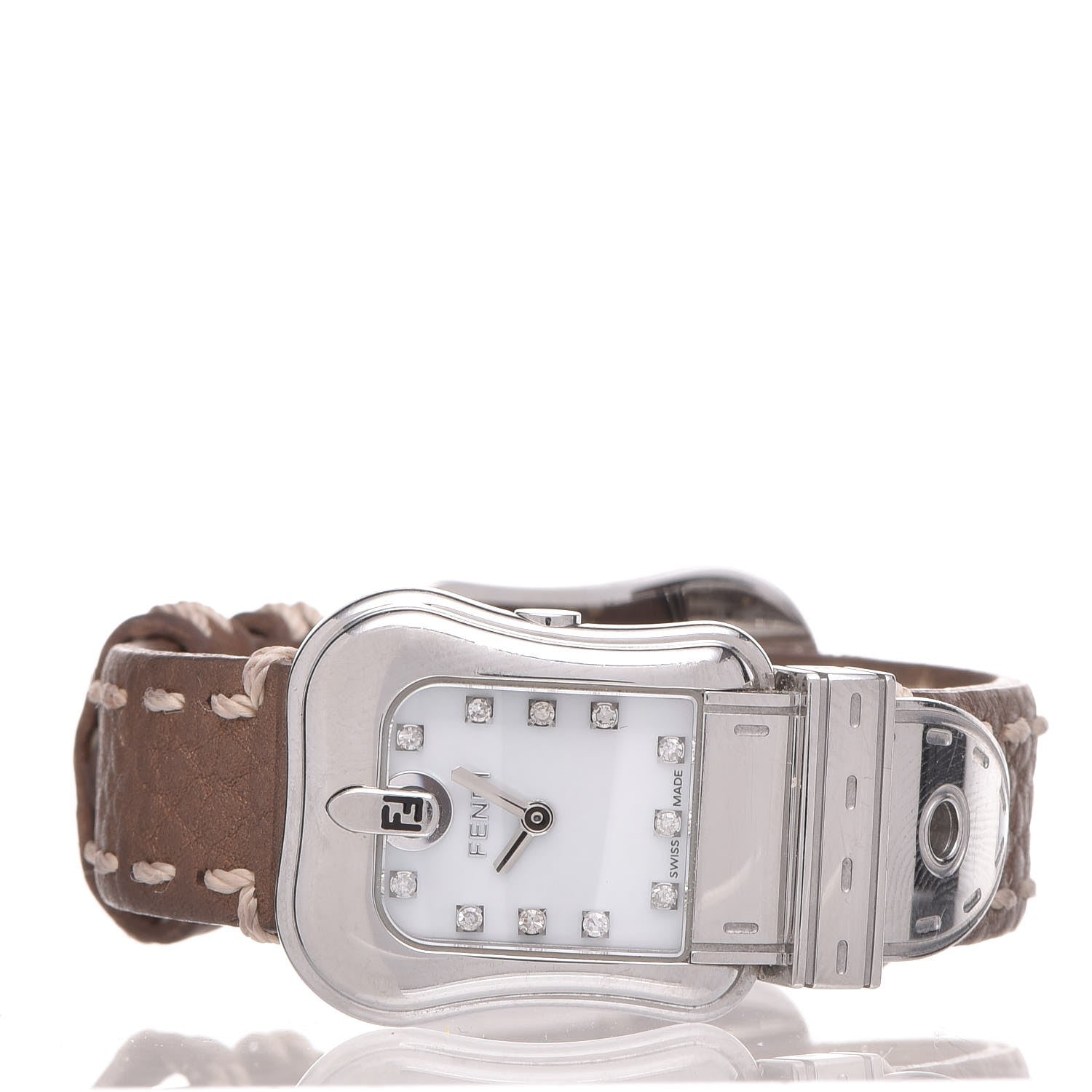 Fendi Stainless Steel Calfskin Diamond Mother of Pearl 22mm Buckle Quartz Watch 3 of 9