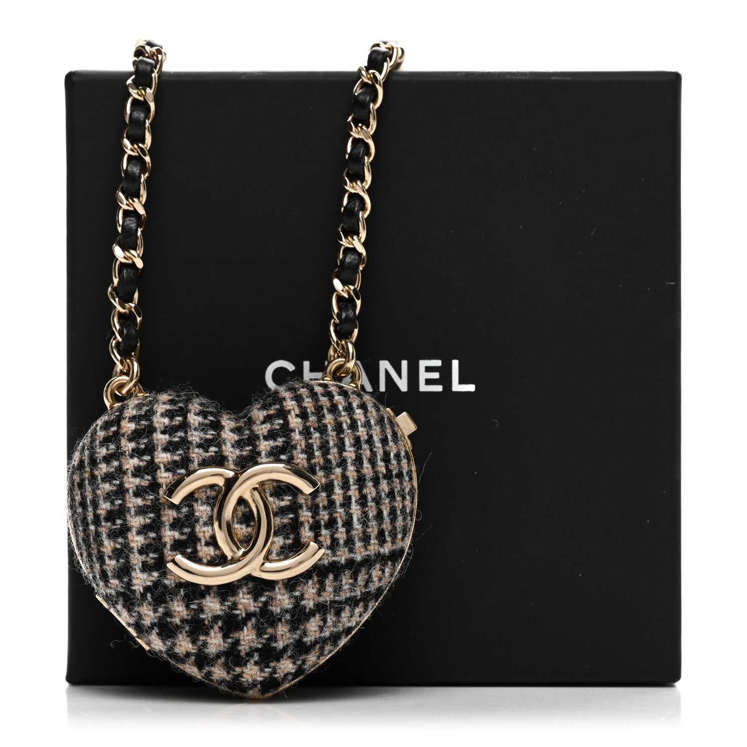 Chanel Tweed Lambskin CC Heart Locket Necklace Gold Black Beige 7 of 7
