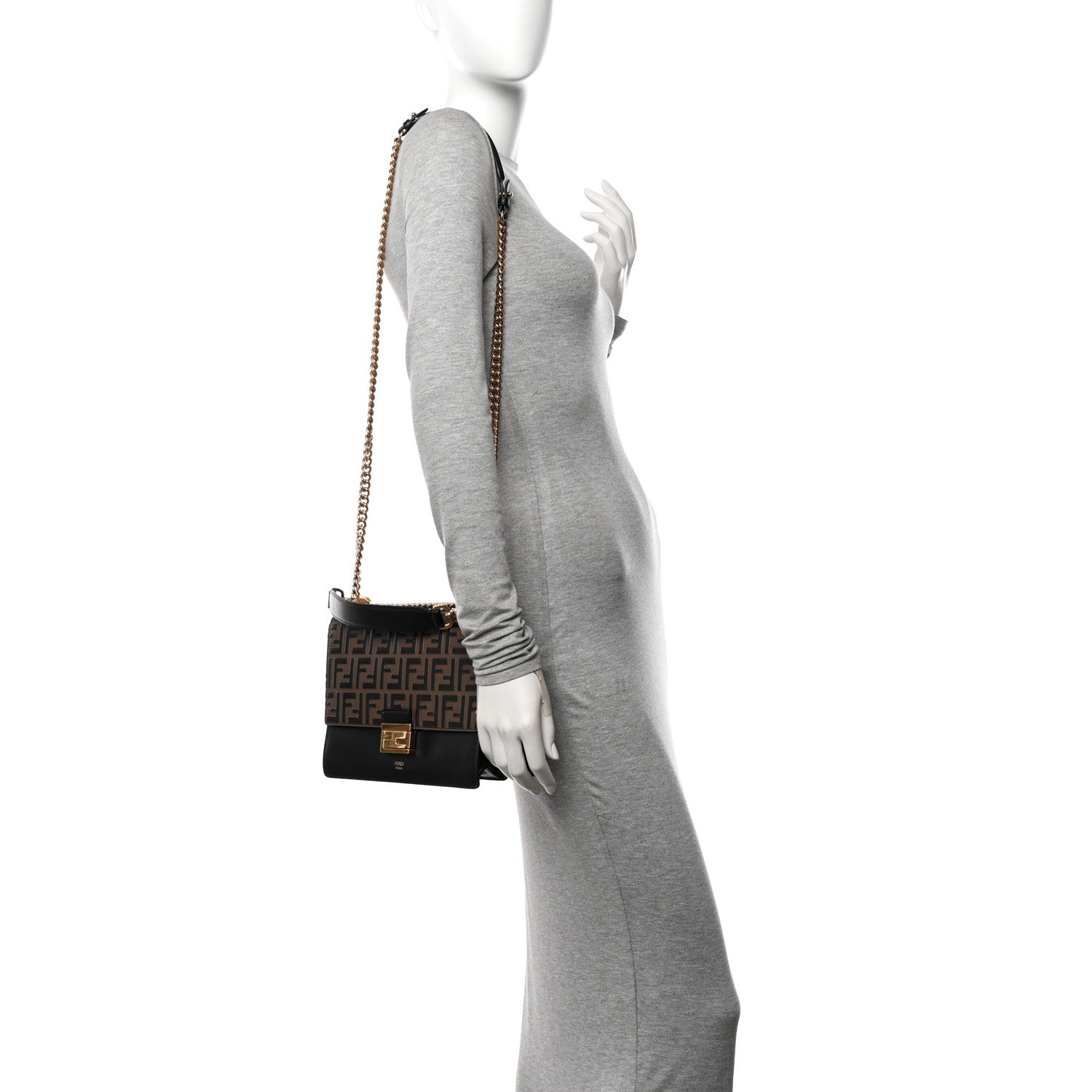 Fendi Vitello Liberty Bi-Color FF 1974 Embossed Chain Strap Kan U Shoulder Bag Black Maya 2 of 10