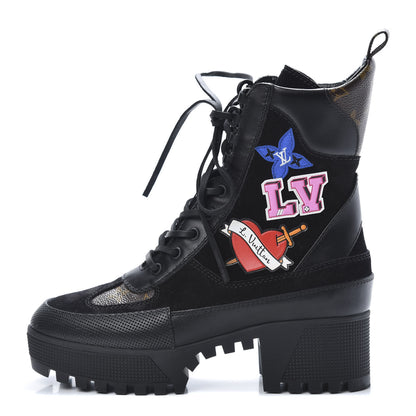 Louis Vuitton Suede Calfskin Monogram LV Black Heart Laureate Platform Desert Boots 37 Black 1 of 6