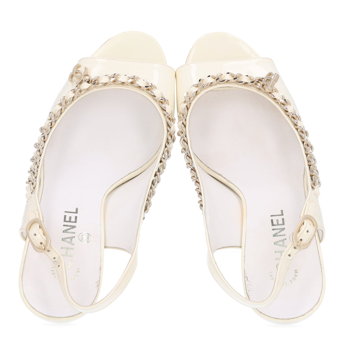 Chanel Patent Chain CC Slingback Sandals 39.5 Beige Black 2 of 10