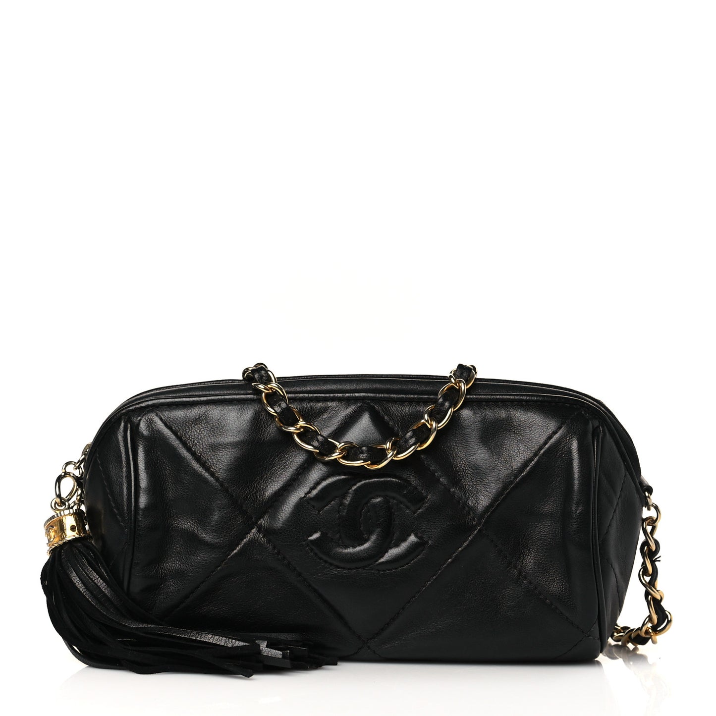 Lambskin Quilted Small Tassel Camera Case Black