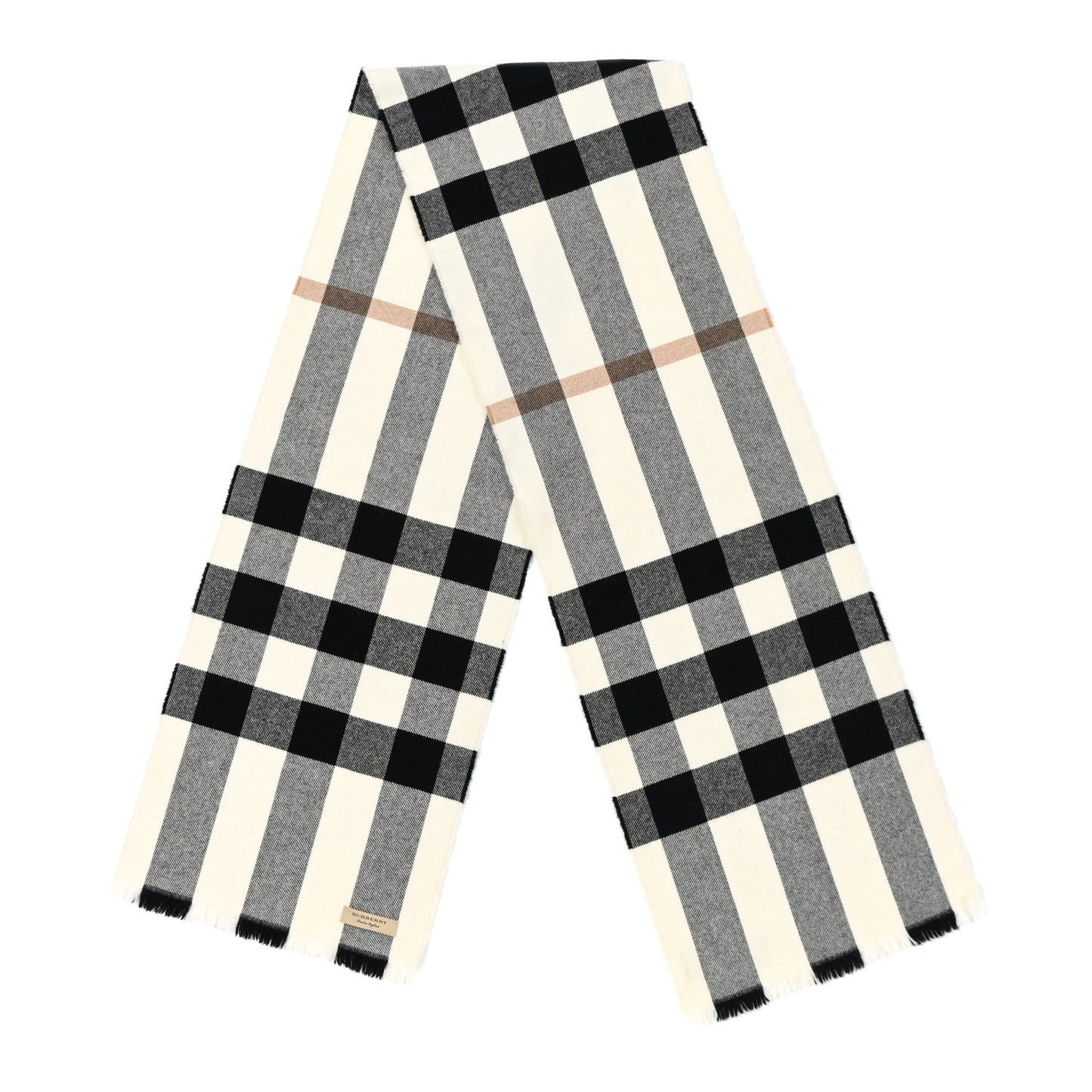 Cashmere Wool Mega Check Fringe Scarf Ivory Black