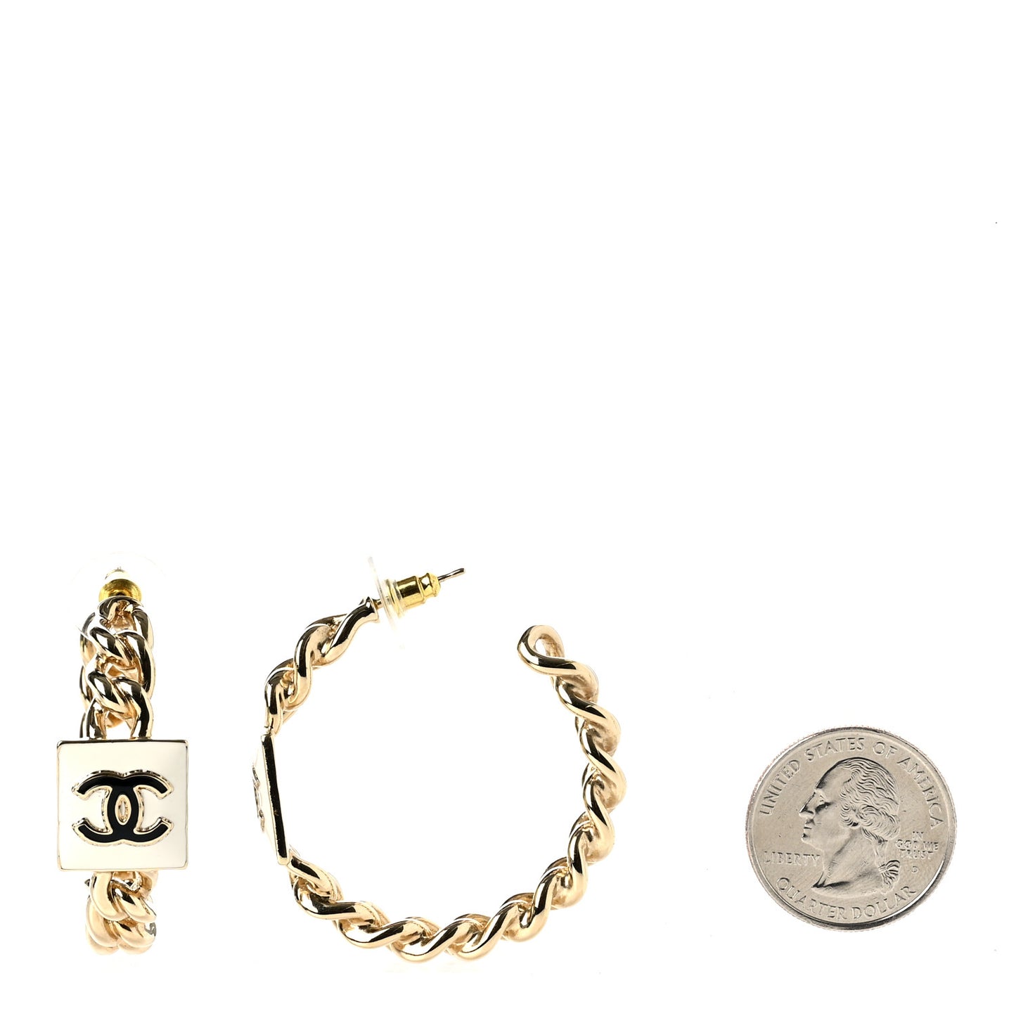 Metal Enamel CC Square Chain Hoop Earrings Gold White