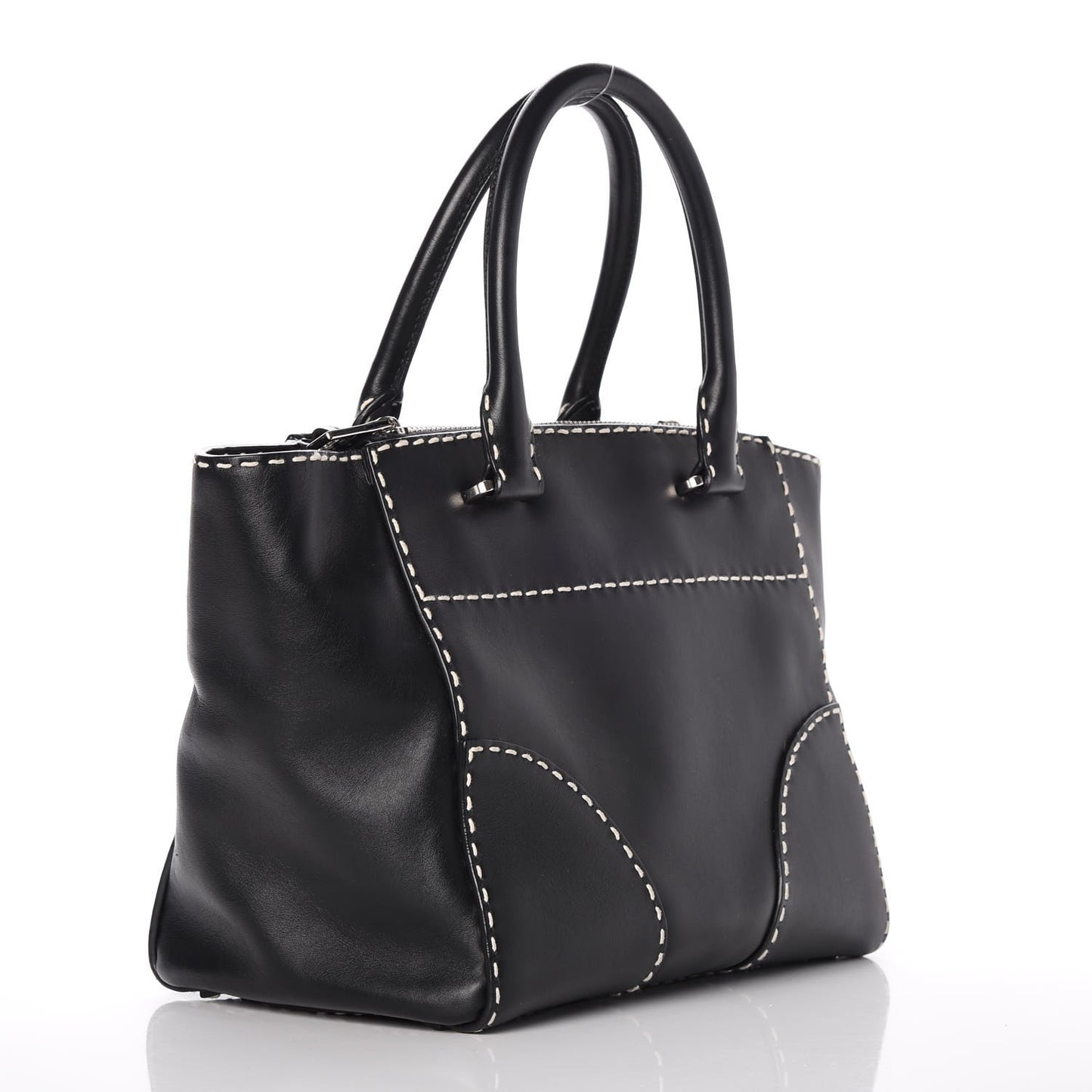 City Calf Small Stitched Twin Pocket Tote Black White