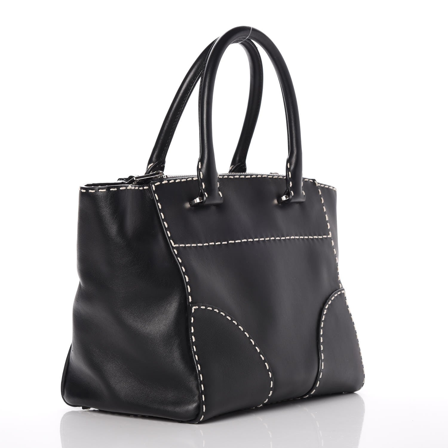 Prada City Calf Small Stitched Twin Pocket Tote Black White 3 of 11