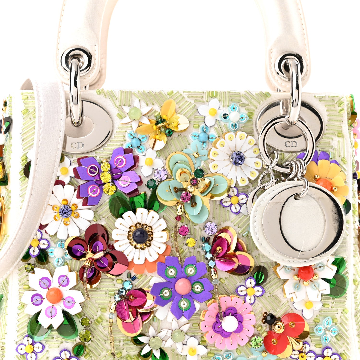 Christian Dior Satin Beaded Floral Embroidered Mini Lady Dior White Multicolor 7 of 9