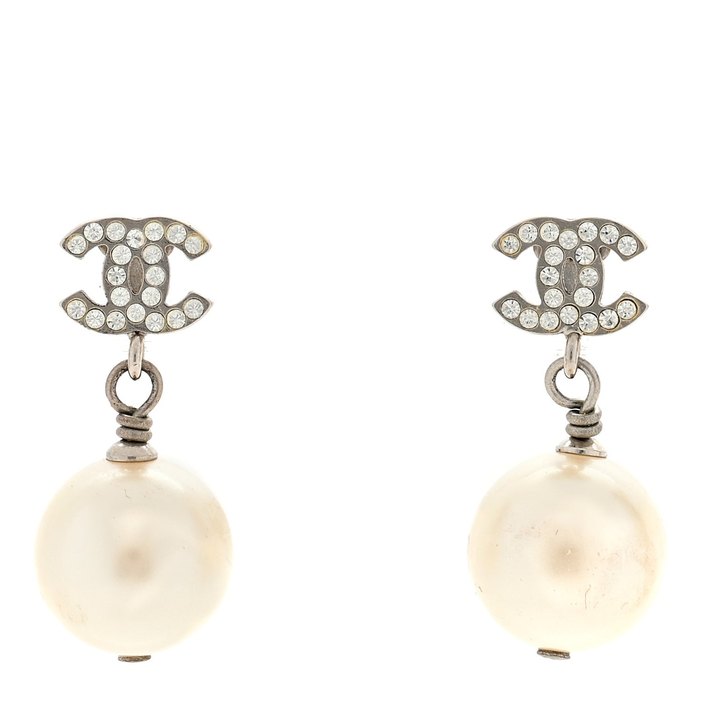 Crystal Pearl CC Drop Earrings Silver Pearly White