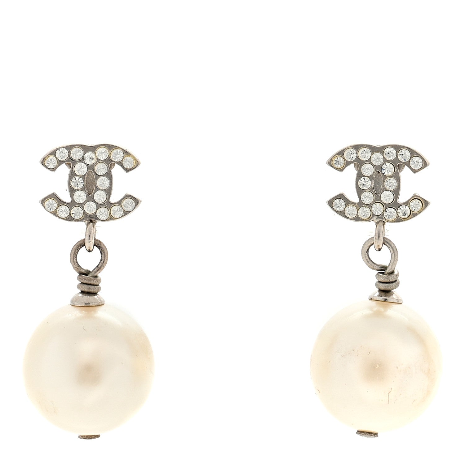 Chanel Crystal Pearl CC Drop Earrings Silver Pearly White 1 of 4
