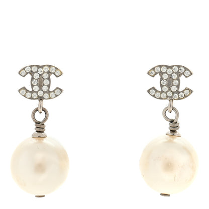 Chanel Crystal Pearl CC Drop Earrings Silver Pearly White 1 of 4