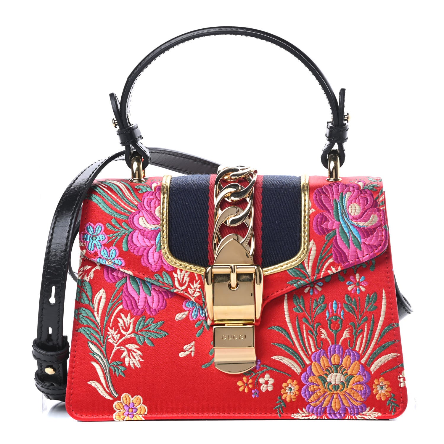 Gucci Jacquard Floral Mini Sylvie Top Handle Bag Red Multicolor Black 1 of 12