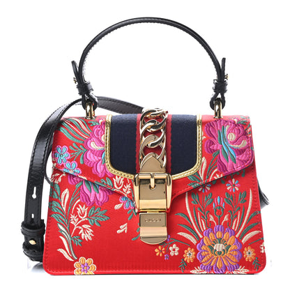 Gucci Jacquard Floral Mini Sylvie Top Handle Bag Red Multicolor Black 1 of 12