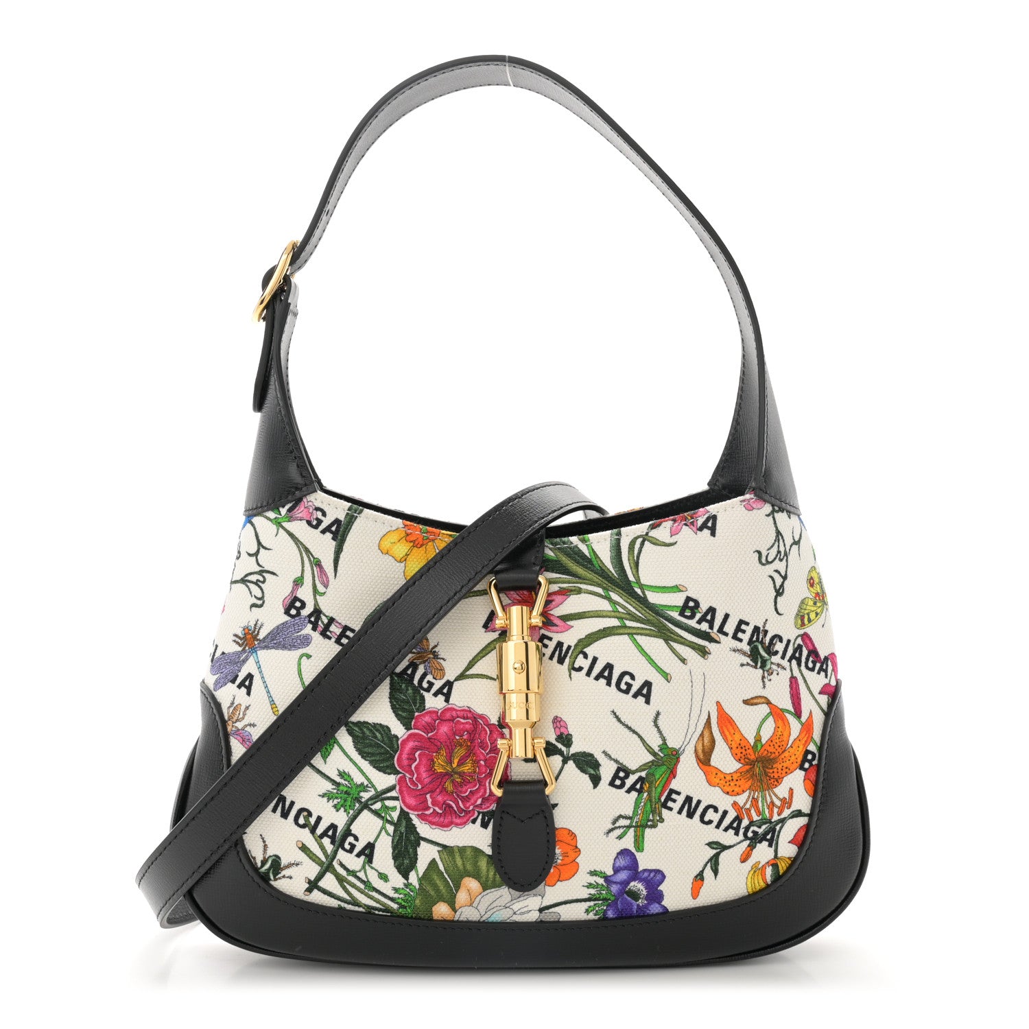 Gucci X BALENCIAGA Canvas Boarded Pluton Calfskin Flora Logo Print Small Jackie 1961 Hobo White Multicolor Black 1 of 11
