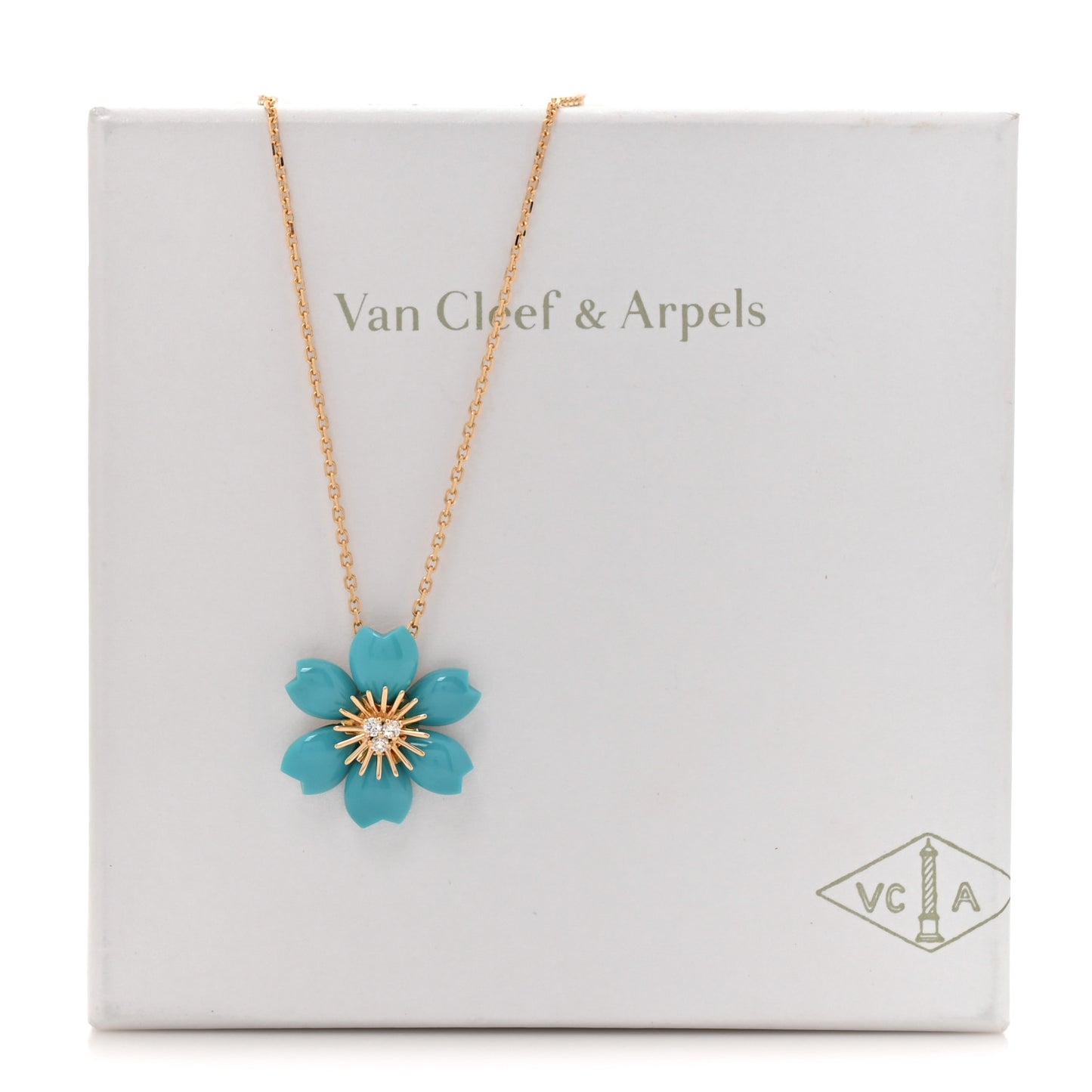18K Yellow Gold Diamond Turquoise Mini Rose De Noel Pendant Necklace