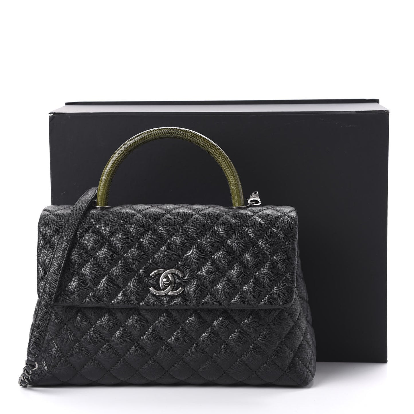 Caviar Lizard Quilted Medium Coco Handle Flap Black