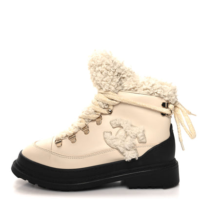 Chanel Calfskin Shearling CC Lace Up Boots 38 Light Beige Ivory 1 of 6