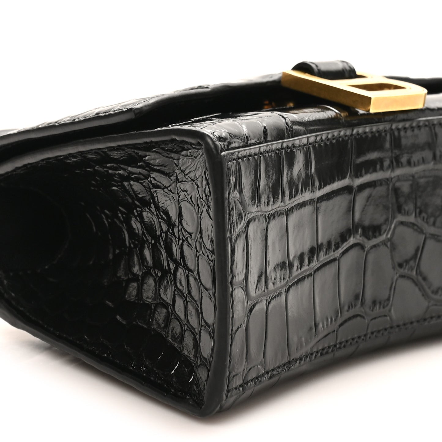 Shiny Calfskin Crocodile Embossed Hourglass Top Handle Bag XS Black