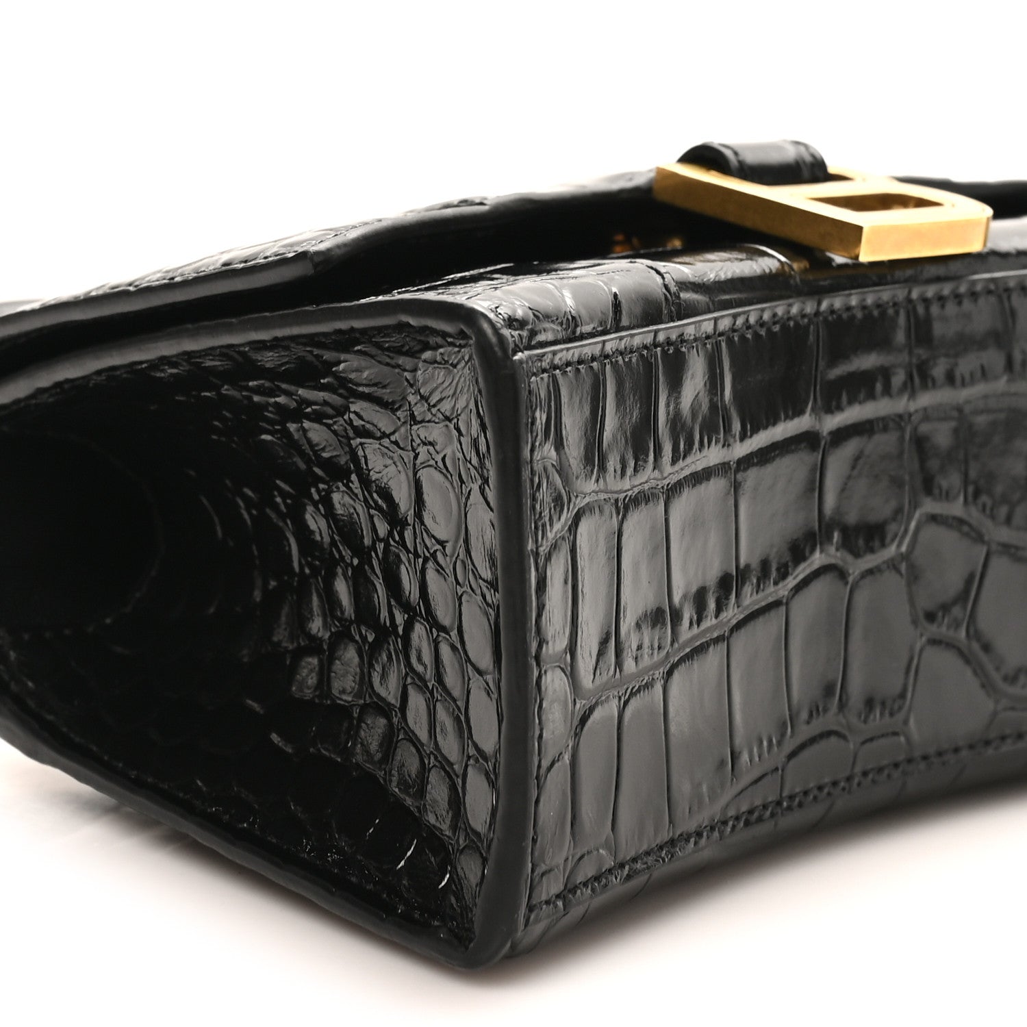 Balenciaga Shiny Calfskin Crocodile Embossed Hourglass Top Handle Bag XS Black 7 of 8