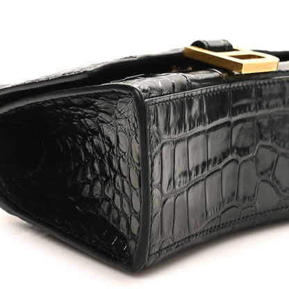 Balenciaga Shiny Calfskin Crocodile Embossed Hourglass Top Handle Bag XS Black 7 of 8
