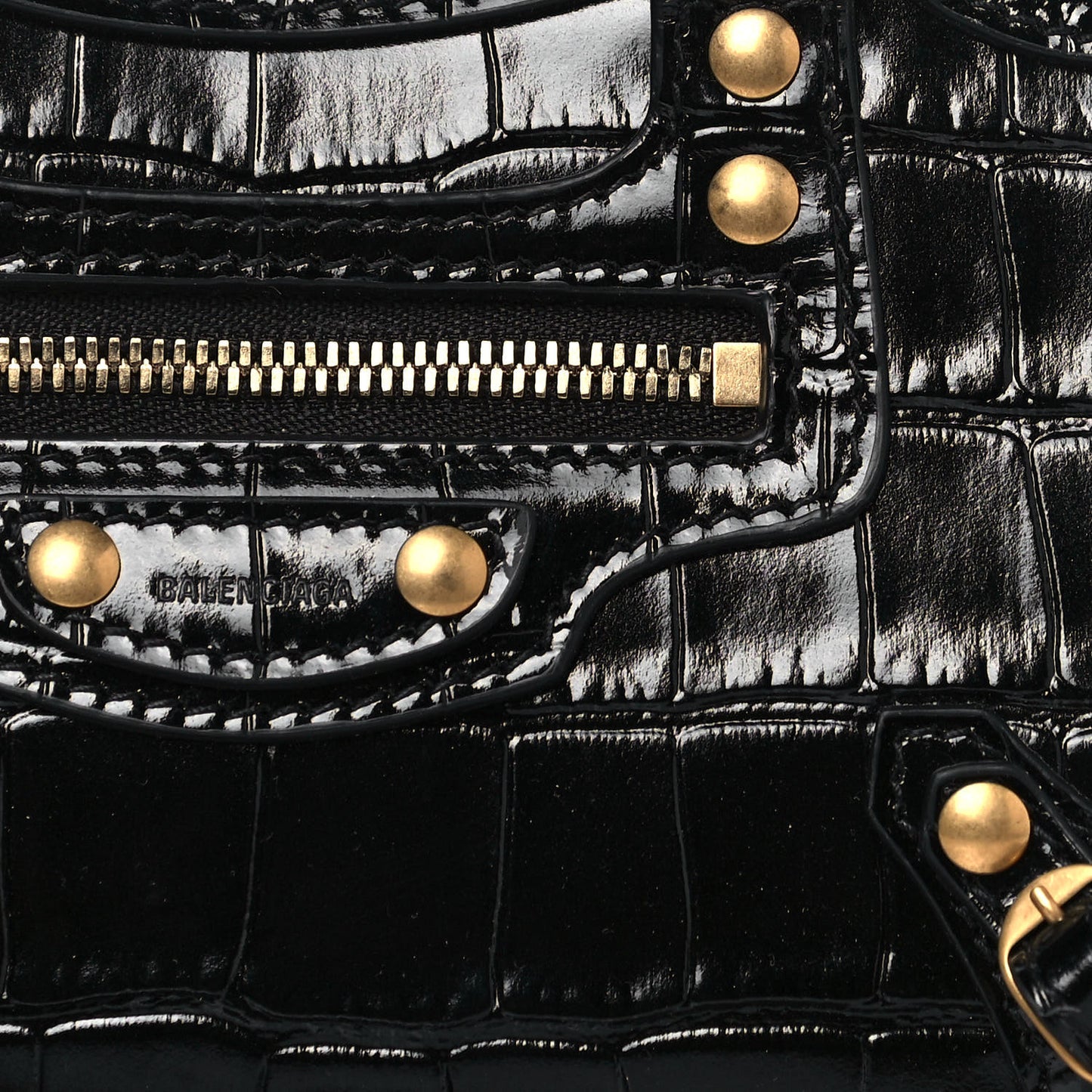 Shiny Supple Calfskin Crocodile Embossed Neo Classic Gold Hardware Super Nano City Crossbody Black