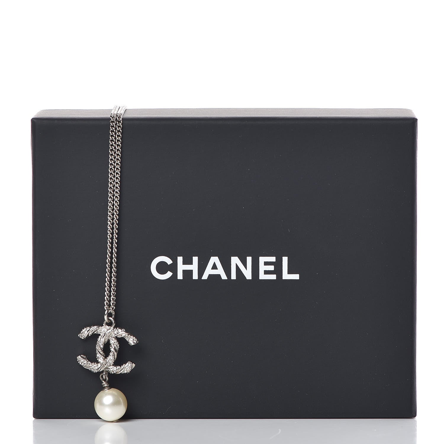 Chanel Crystal Pearl Twisted CC Drop Necklace Silver 6 of 6