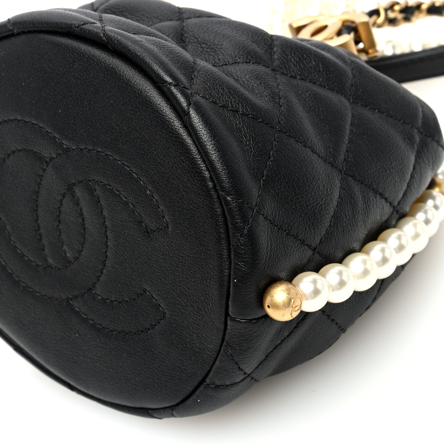 Chanel Calfskin Quilted Pearl Mini About Pearls Drawstring Bucket Bag Black 10 of 10