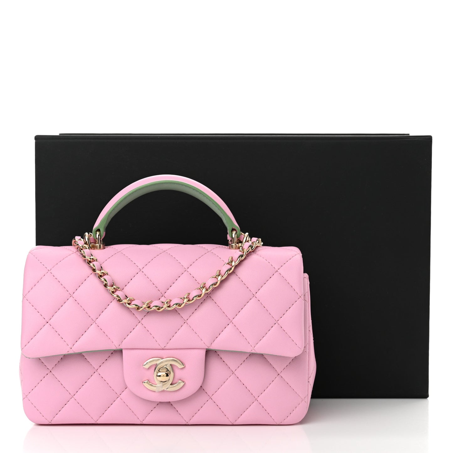 Lambskin Quilted Mini Top Handle Rectangular Flap Pink Green