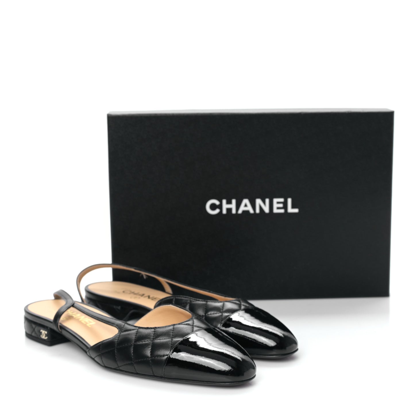 Lambskin Patent Cap Toe CC Slingback Flats 40 Black