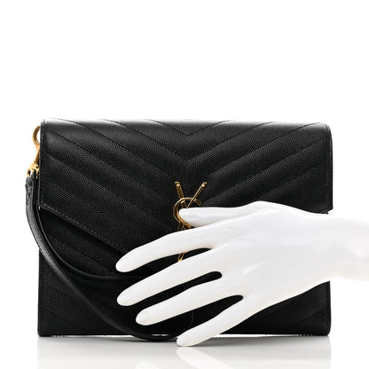 Saint Laurent Grain De Poudre Matelasse Chevron Monogram Envelope Clutch Black 2 of 7