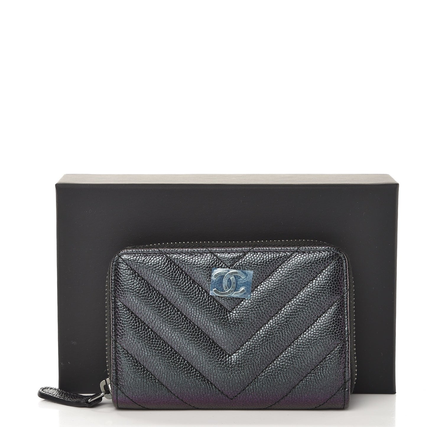 Iridescent Caviar Chevron Quilted Zip Around Coin Purse Black
