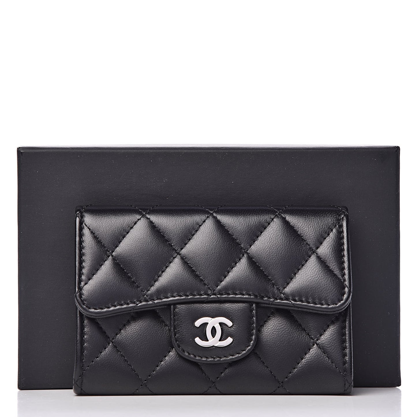 Lambskin Quilted Flap Card Holder Black