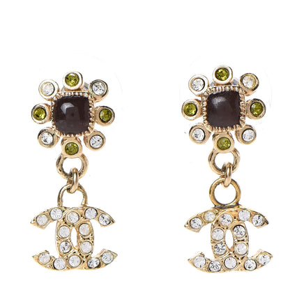 Chanel Enamel Crystal CC Flower Dangle Earrings Gold 1 of 4
