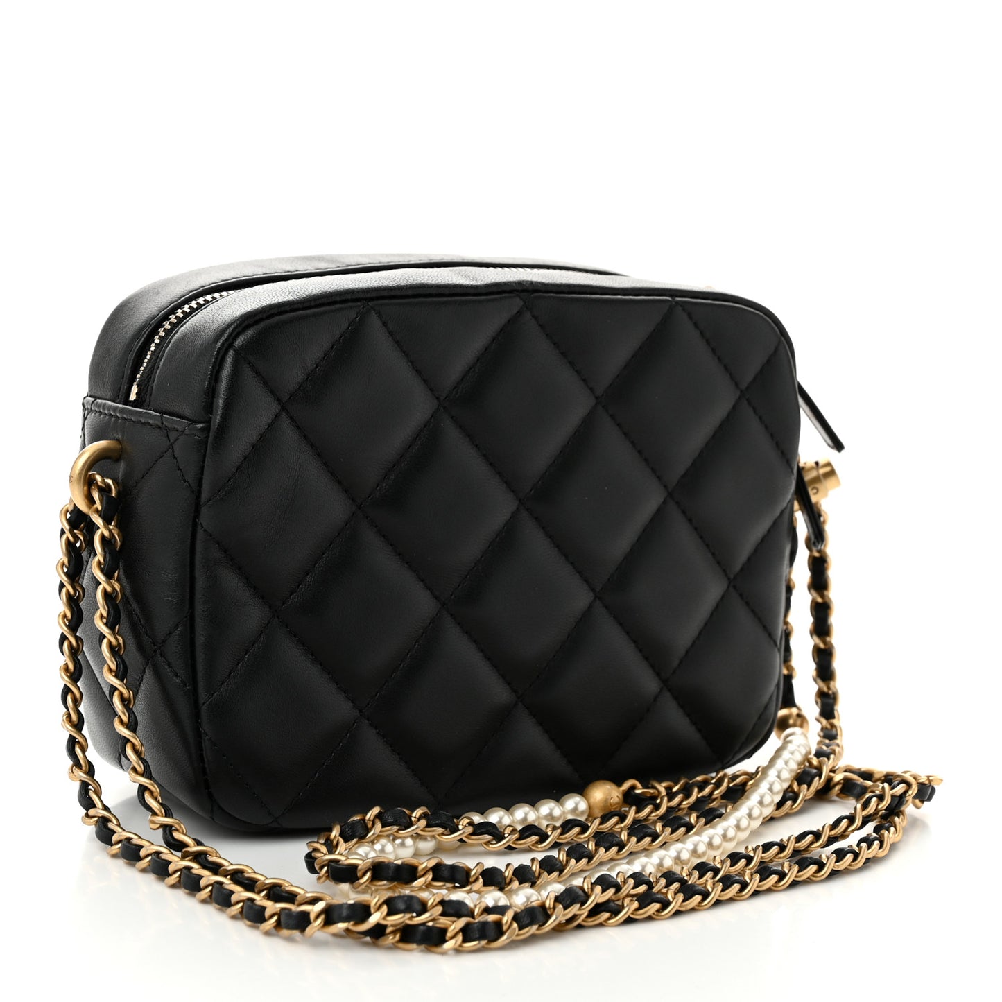 Lambskin Quilted Pearl Chain Camera Case Black
