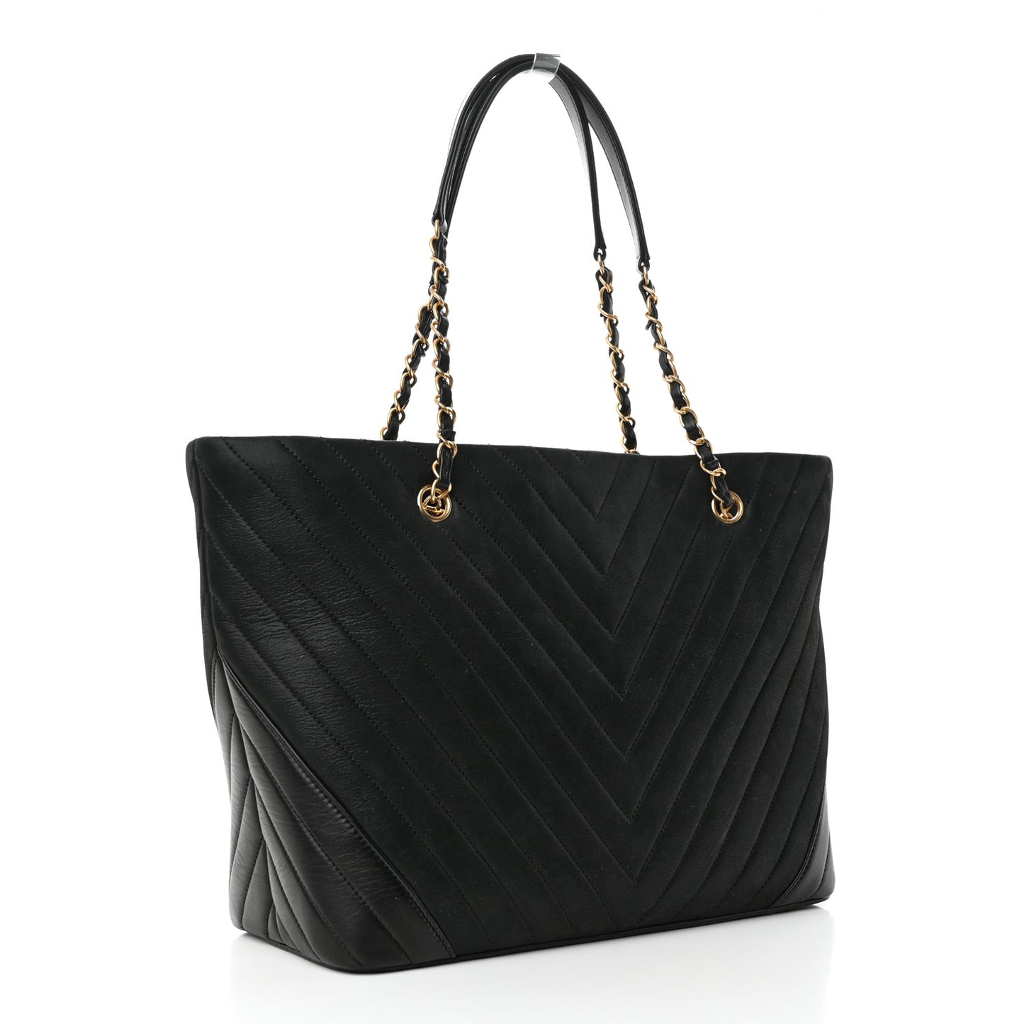Calfskin Chevron Quilted Shopping Tote Black