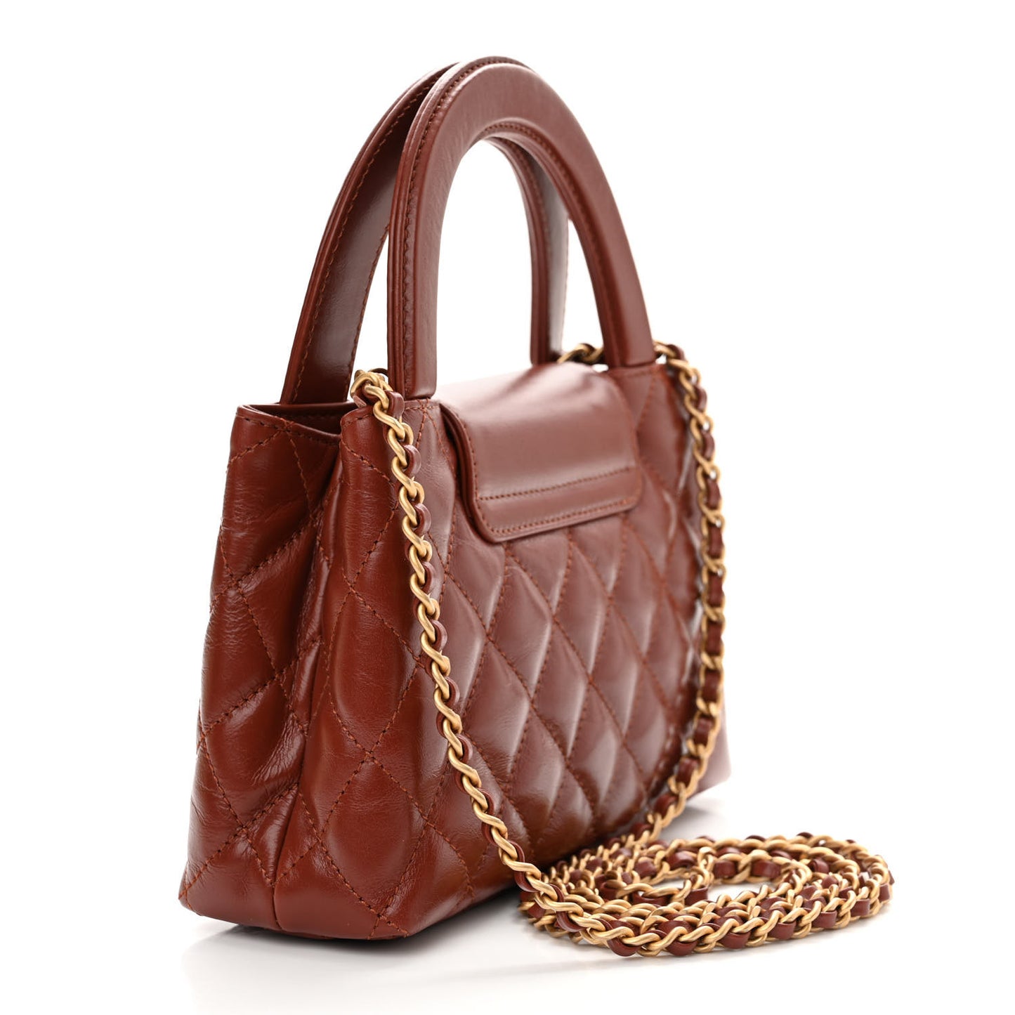 Shiny Aged Calfskin Quilted Nano Kelly Shopper Brown
