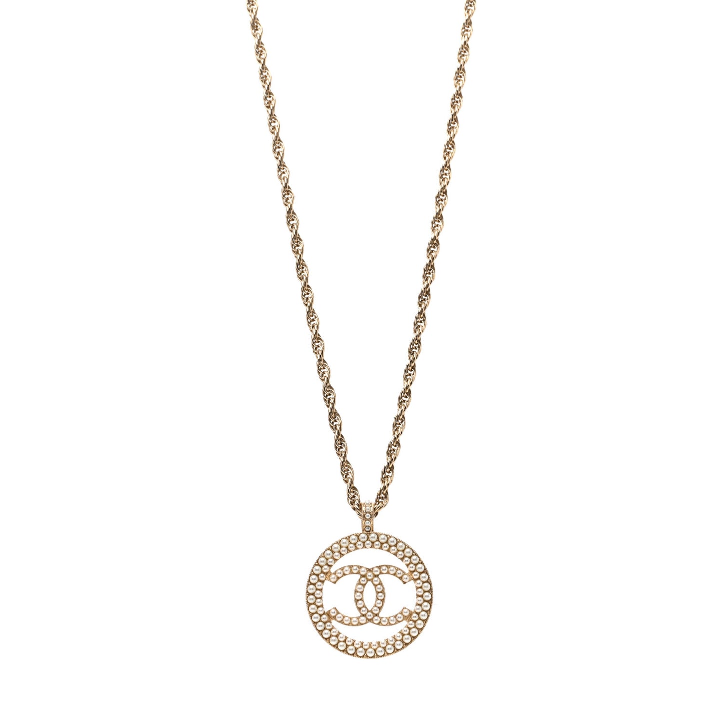 Pearl CC Round Pendant Necklace Gold