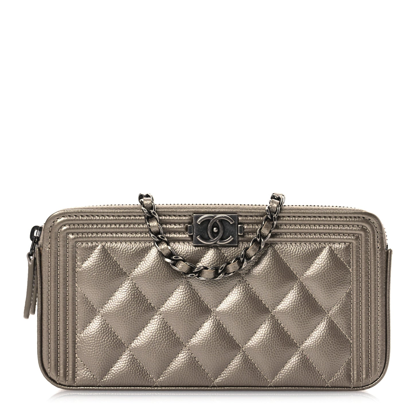 Metallic Caviar Quilted Small Boy Clutch With Chain Copper