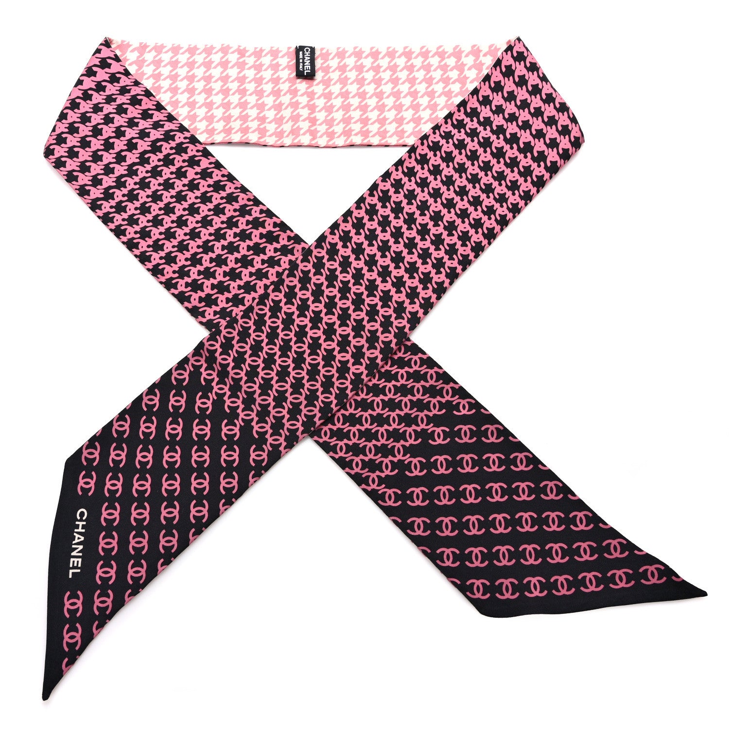 Chanel Silk Twill Houndstooth Slim Bandeau Scarf Black Fuchsia Pink Beige 1 of 3
