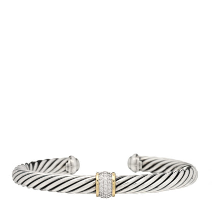David Yurman Sterling Silver 18K Yellow Gold Diamond 7mm Cable Classics Station Bracelet 1 of 5