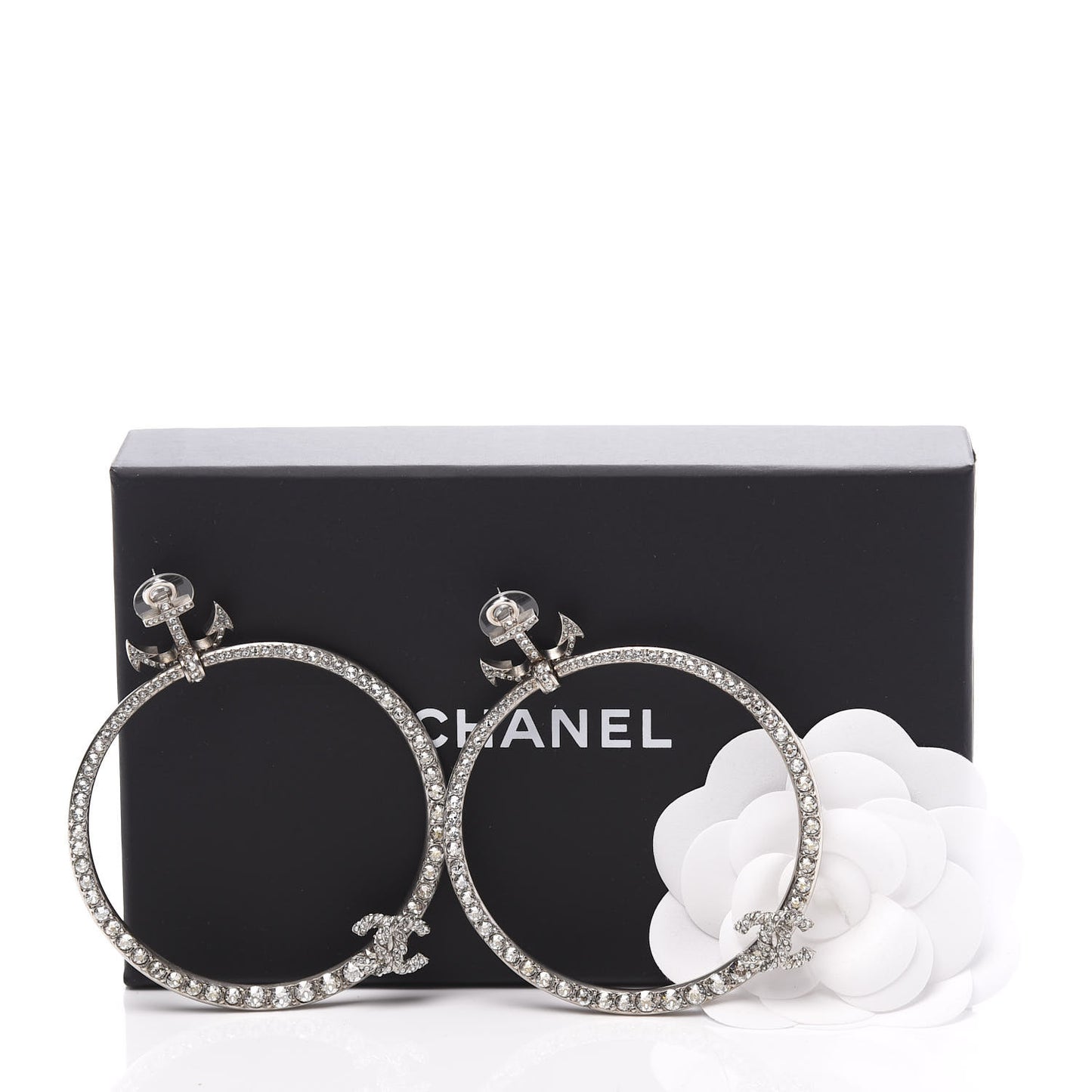 Crystal Anchor CC Hoop Earrings Silver