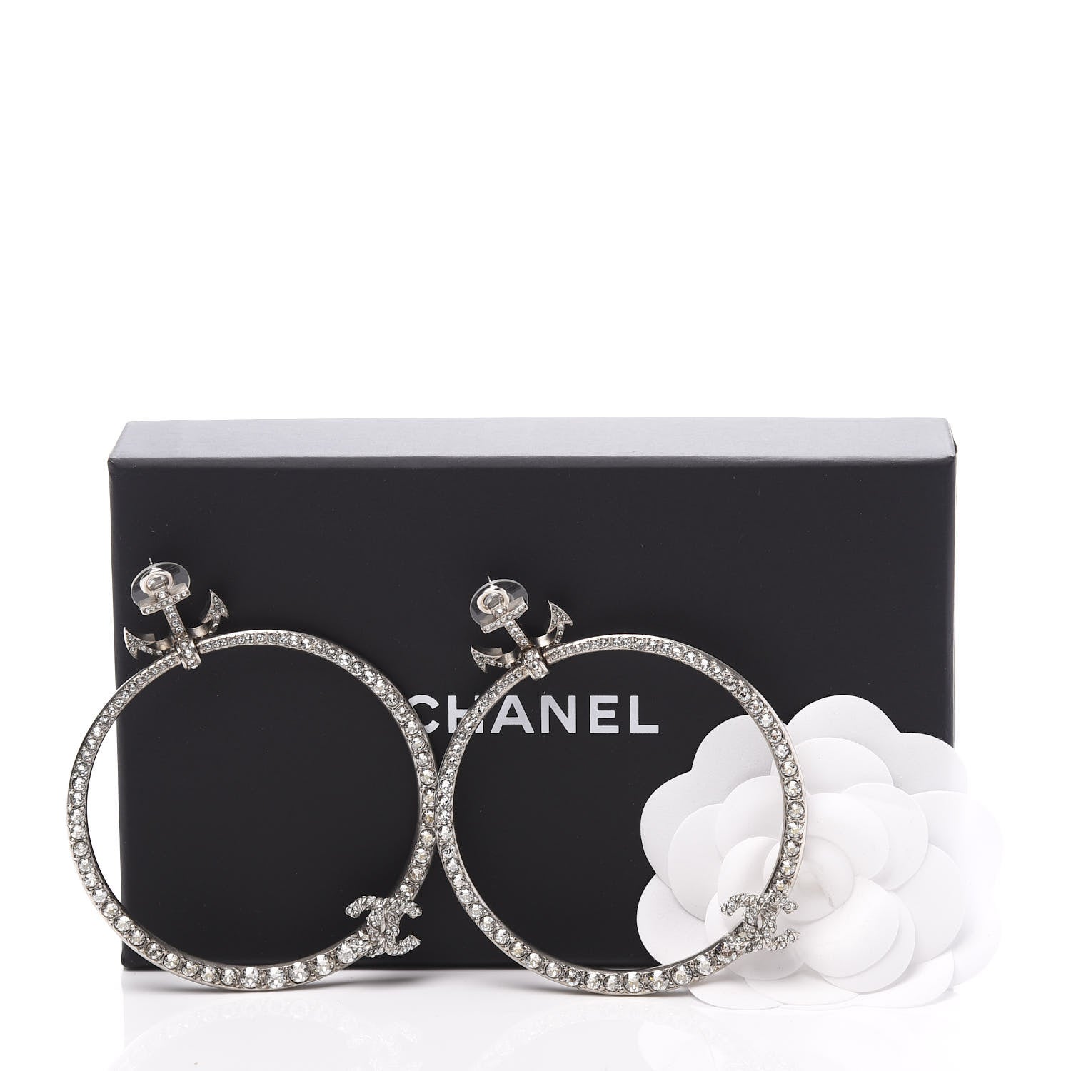 Chanel Crystal Anchor CC Hoop Earrings Silver 5 of 5