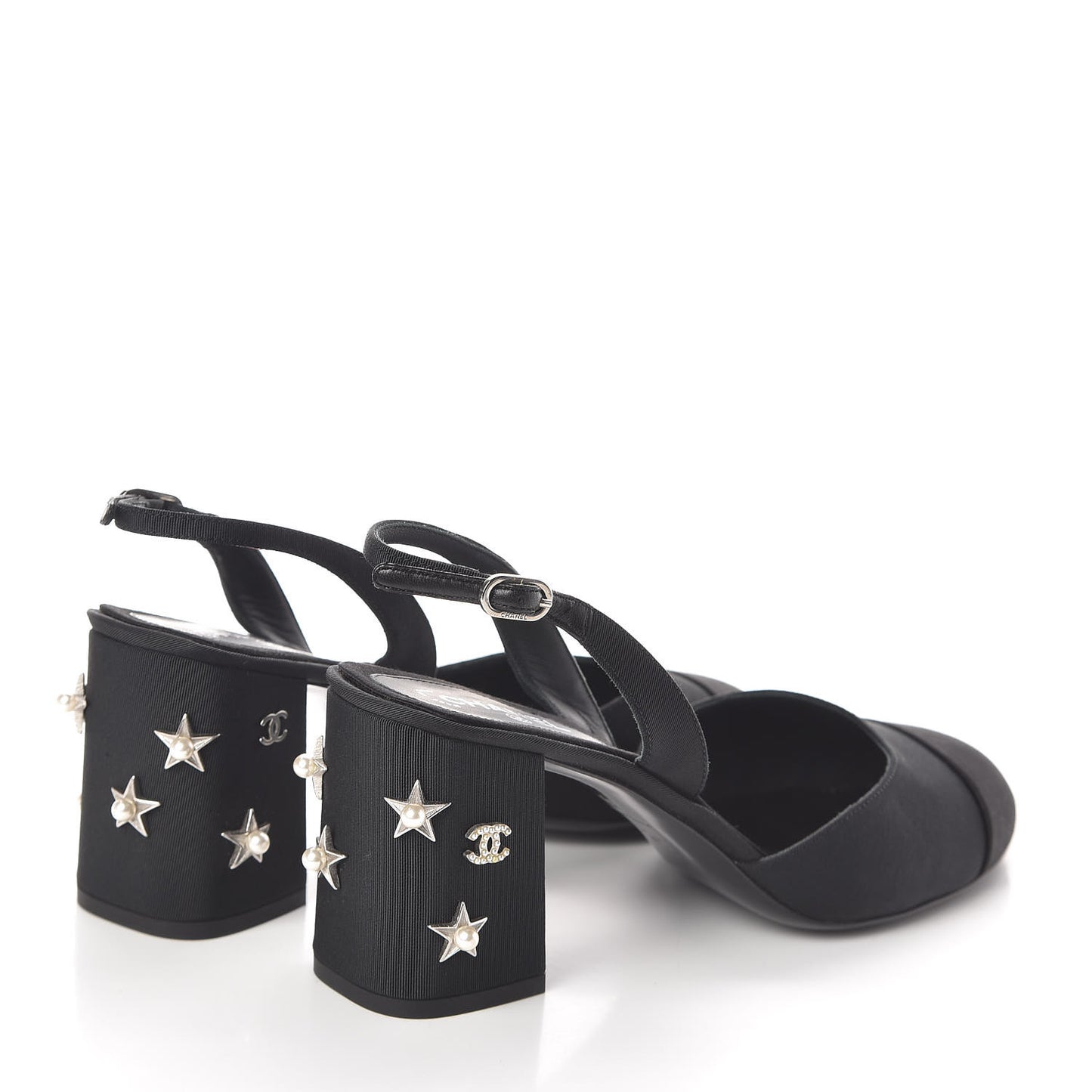 Grosgrain Satin Cap Toe Peal Star CC Slingback Pumps 38 Black