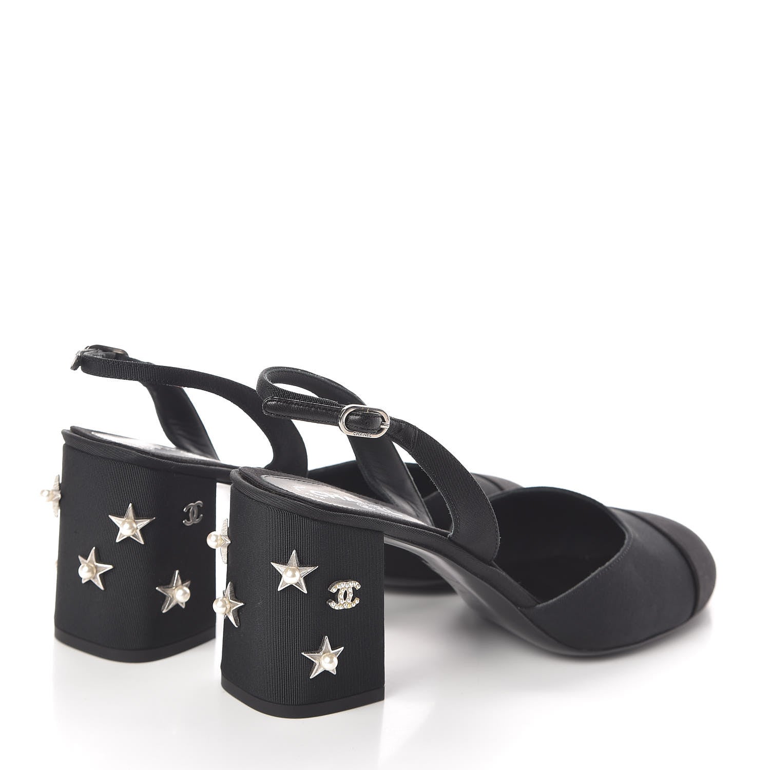 Chanel Grosgrain Satin Cap Toe Peal Star CC Slingback Pumps 38 Black 4 of 7