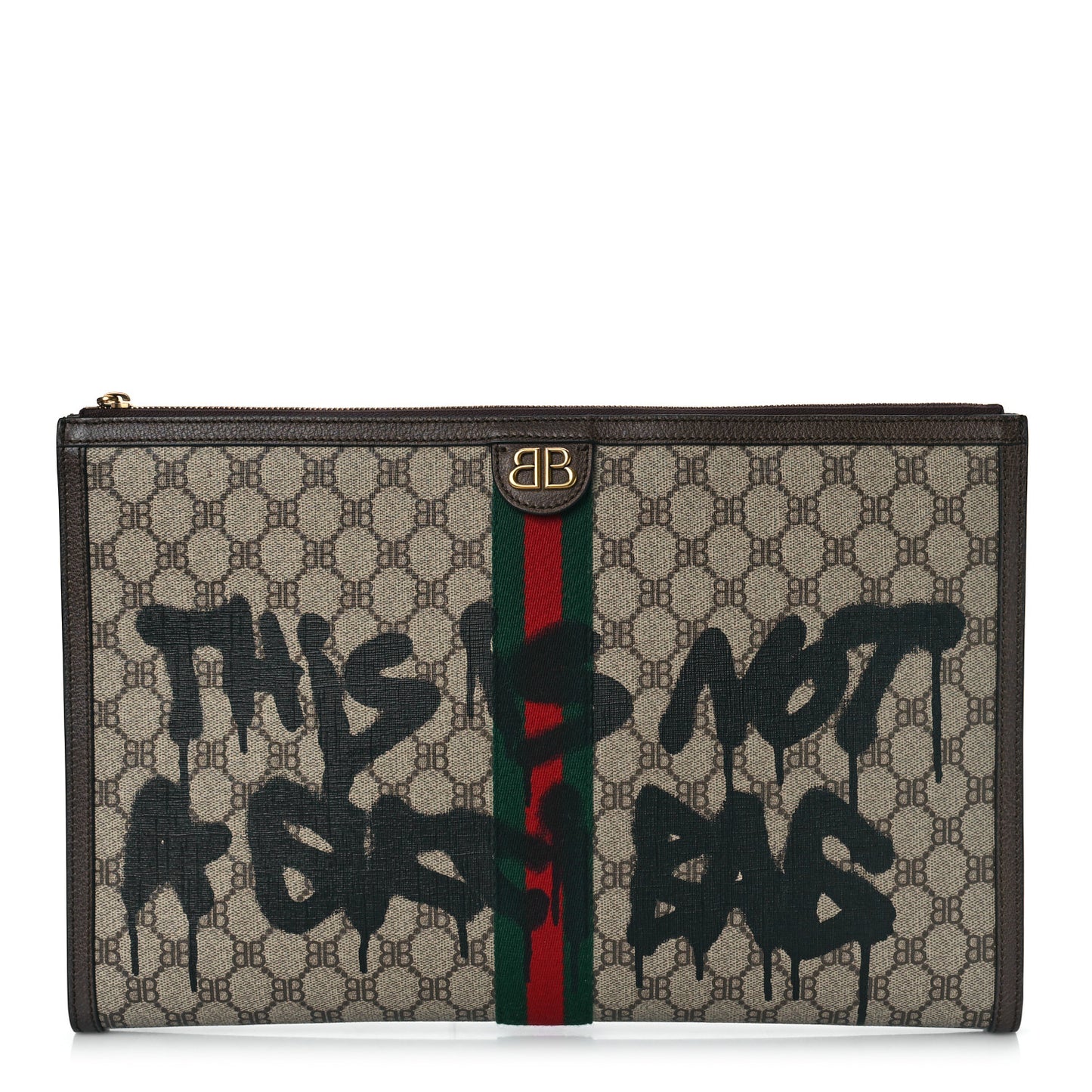 X BALENCIAGA BB Monogram Web Graffiti Ophidia Laptop Pouch Beige New Acero