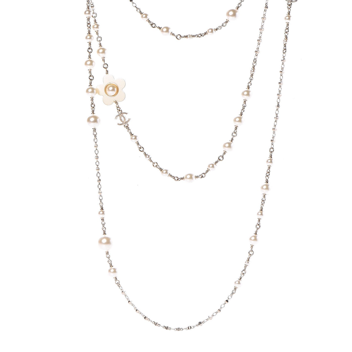 Pearl Flower CC Multi Strand Long Necklace Gold