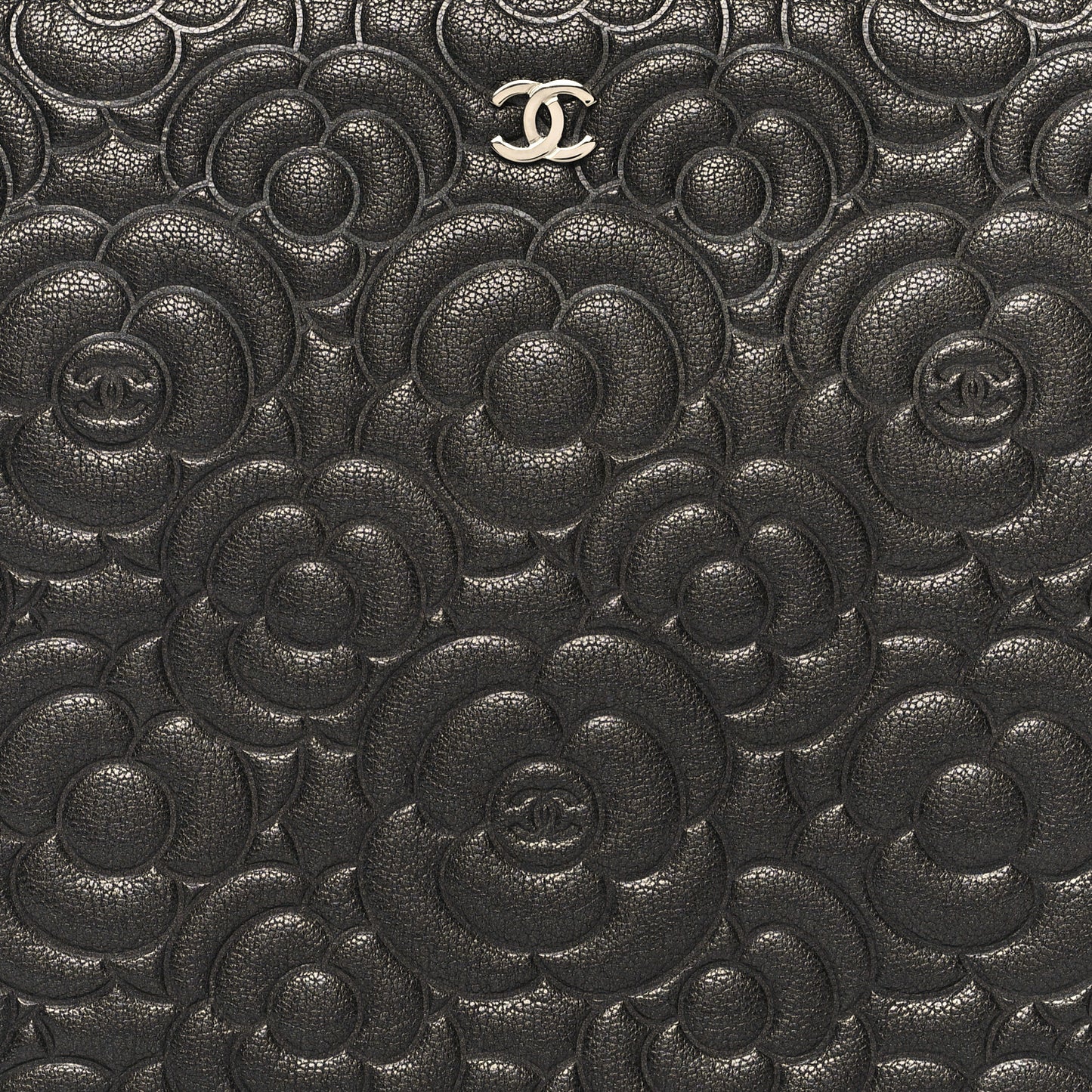 Goatskin Camellia Embossed Medium Cosmetic Case Dark Grey