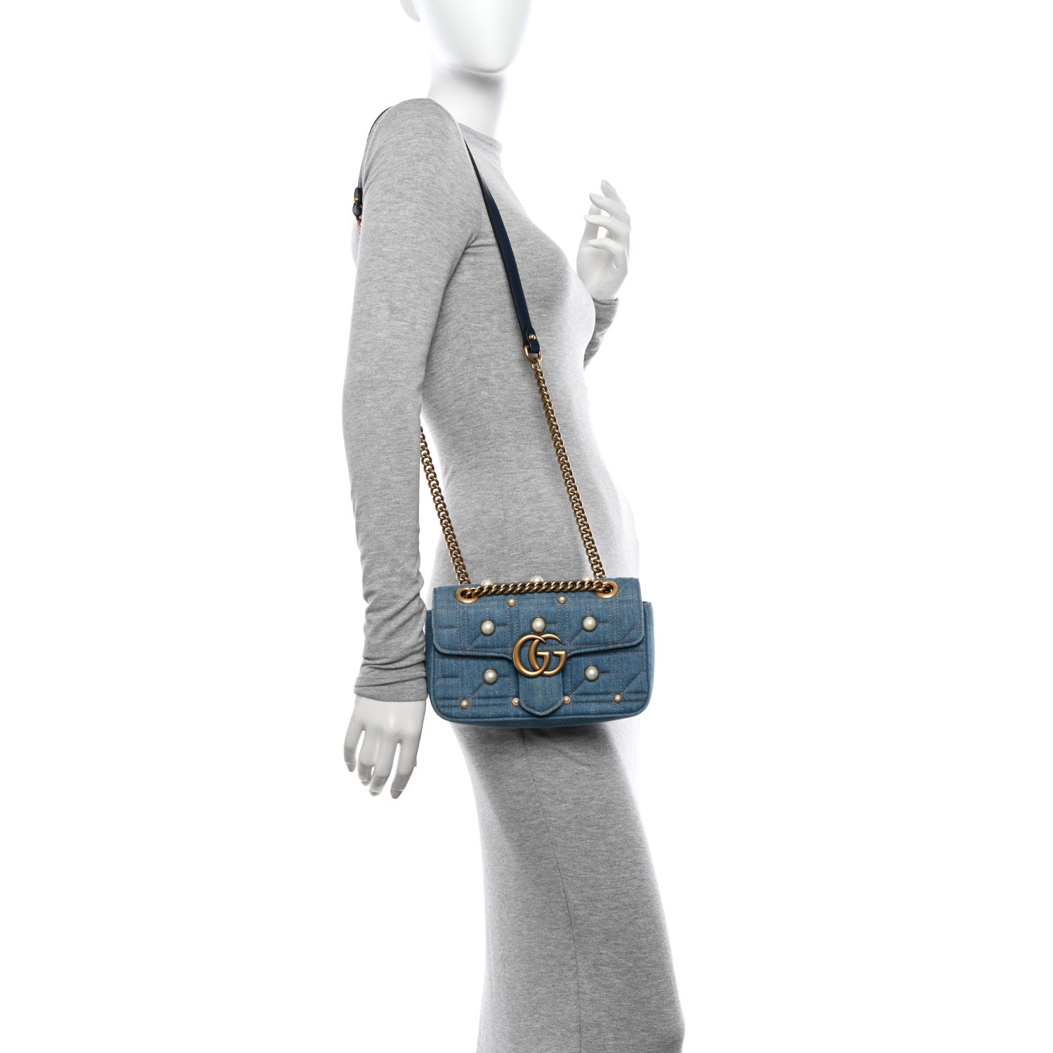 Gucci Denim Matelasse Pearl Studded Mini GG Marmont Shoulder Bag Blue 2 of 11